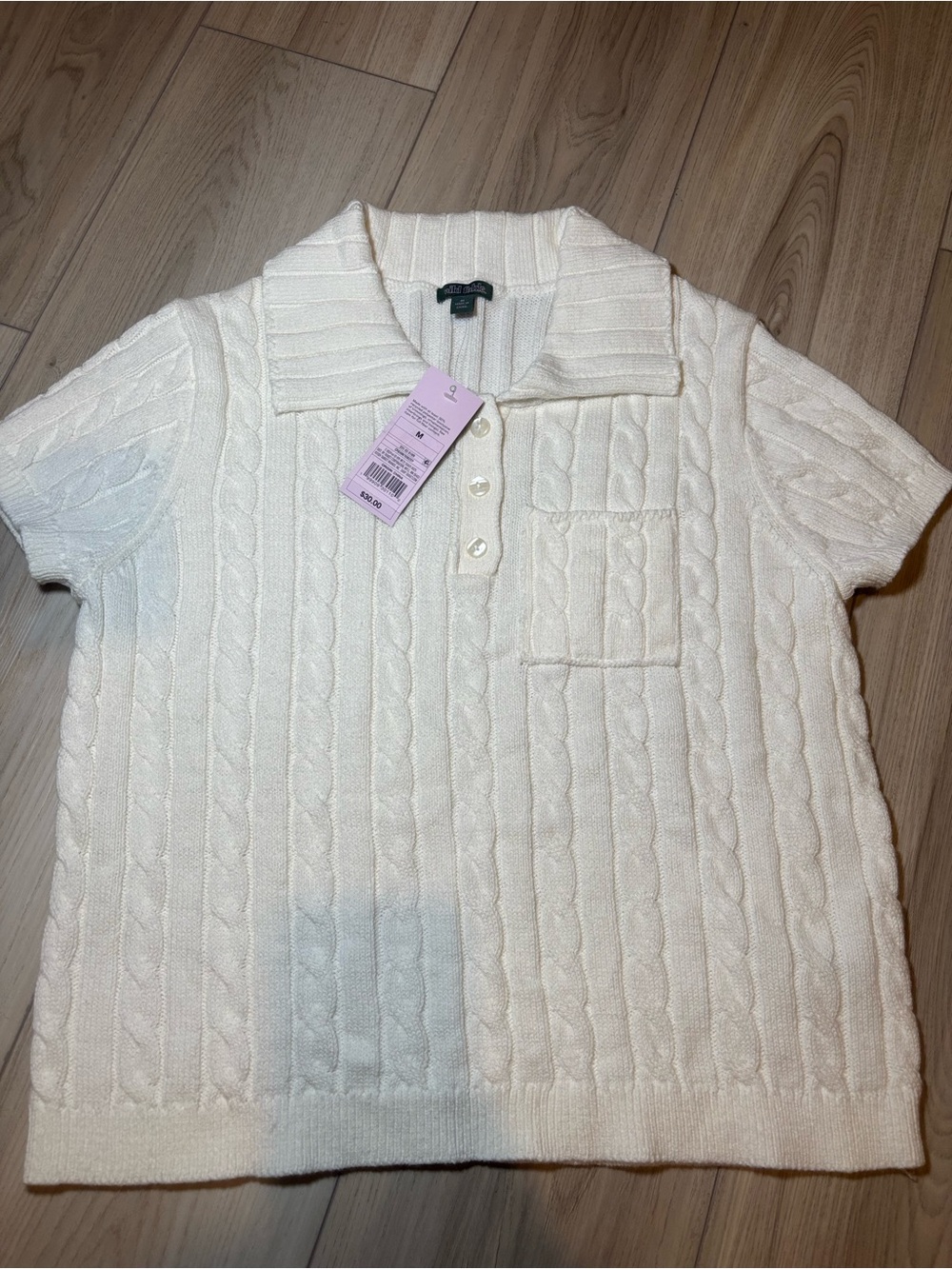 wild fable Cream Cable-Knit Short Sleeve Polo Sweater